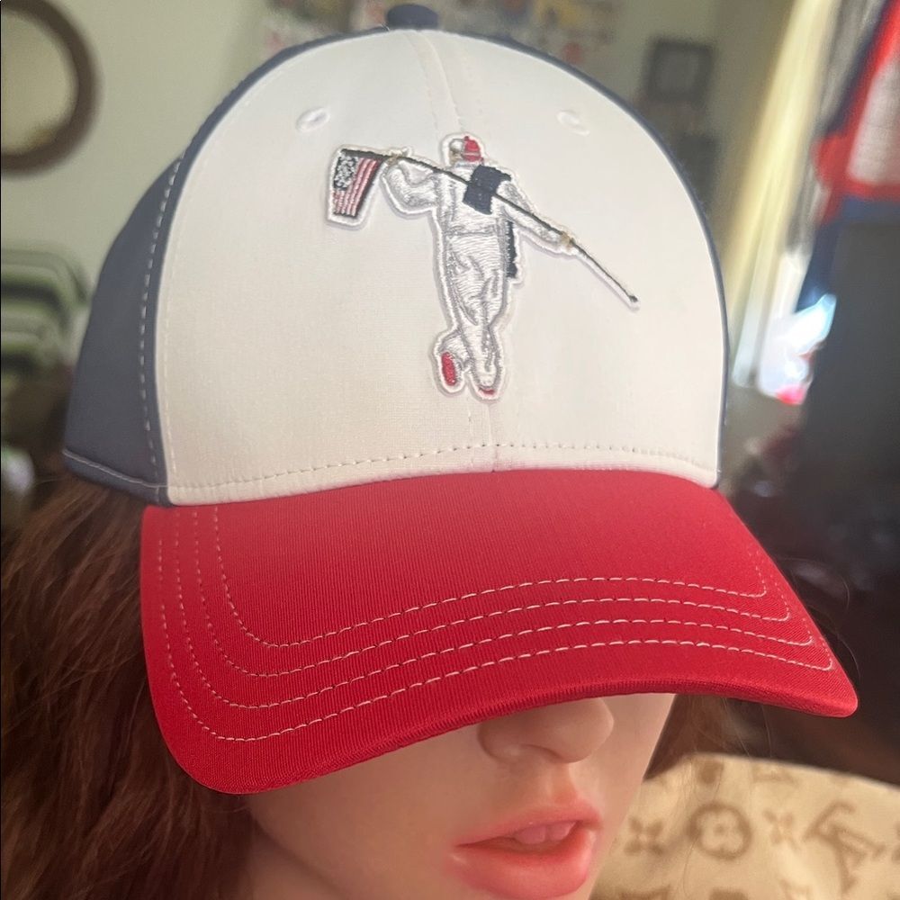 #1063+Unisex Red and White Baseball Cap W/ Embroidered Design - Picture 7 of 8